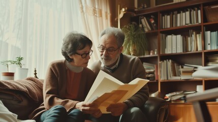 Elderly spouses, grandparents, are seen reading documents and facing financial issues, possibly dealing with debt and monetary loss, as they work on paperwork together at home. - obrazy, fototapety, plakaty
