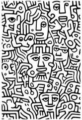 Doodle line drawing with faces as part of the background.
