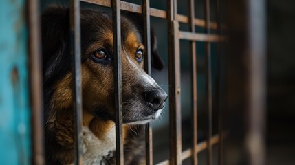 Image depicting the confined existence of a dejected stray dog in a shelter. The concept of caring for animals, the problem of homeless animals.
