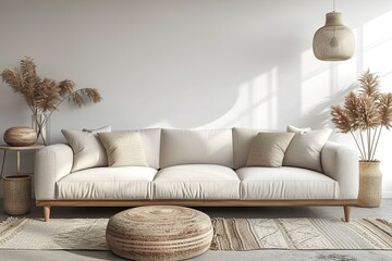 Scandinavian style living room interior mock up, modern living room interior background, beige sofa and pampas grass, 3d rendering.