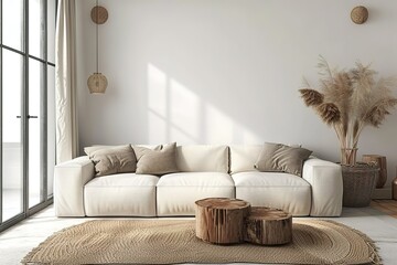 Scandinavian style living room interior mock up, modern living room interior background, beige sofa and pampas grass, 3d rendering. - obrazy, fototapety, plakaty