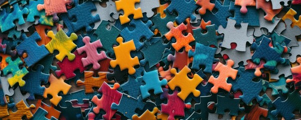 
A top view perspective showcasing numerous jigsaw puzzle pieces covering the entire frame. - obrazy, fototapety, plakaty