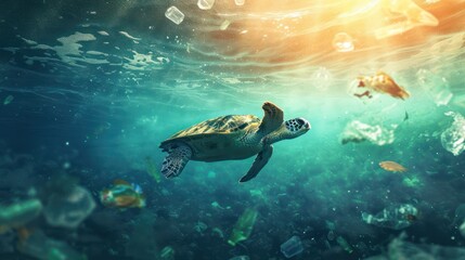A turtle navigating through submerged plastic waste, underscoring the environmental impact of pollution in our oceans