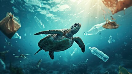 
A turtle swimming amidst underwater plastic waste, highlighting the issue of pollution in sea waters.