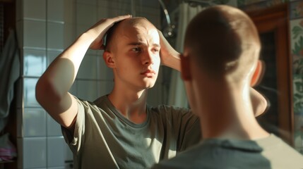 
A young man examines his hair loss issue in front of a mirror indoors. - Powered by Adobe