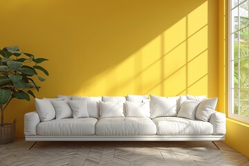 simple room interior render yellow color presentation with white leather sofa 3d render image.