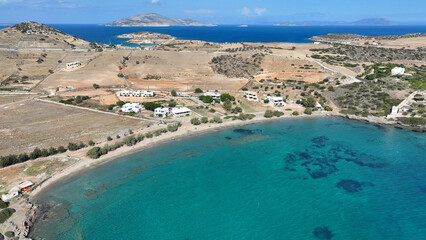Aerial drone photo of paradise beach of Livadi in small island of Schoinousa, Small Cyclades, Greece