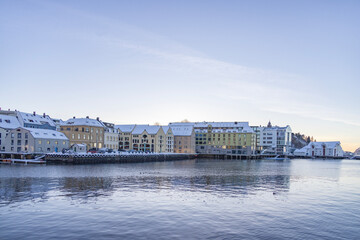 Fototapeta premium Aalesund (Ålesund) harbor on a beautiful cold winter's day. Møre and Romsdal county