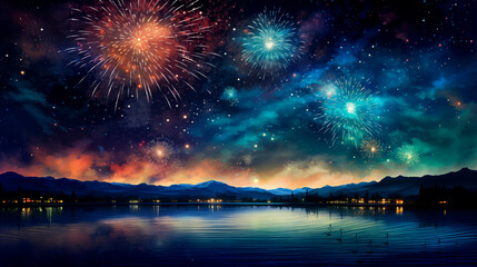 Fireworks against the background of the starry sky. Bright multi-colored lights of fireworks over the night city. Holiday. Lights in the sky