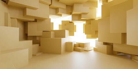 Abstract Perspective of a Three-Dimensional Geometric Space With Beige Cubes 3d render illustration