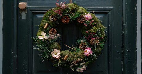 Naklejka premium Easter wreath made of branches, flowers and eggs, spring wreath, Easter, Christ is risen