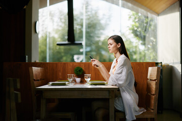 Adult person beauty caucasian young lifestyle sitting female cafe restaurant women