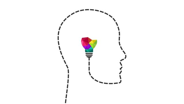 Creative thinking concept with head outline made of dashed line and colourful light bulb as creative idea symbol