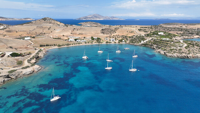 Aerial drone photo of paradise beach of Livadi in small island of Schoinousa, Small Cyclades, Greece