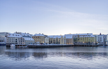 Fototapeta na wymiar Aalesund (Ålesund) harbor on a beautiful cold winter's day. Møre and Romsdal county