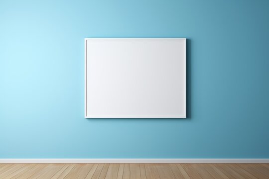 Empty horizontal frame on the wall. Cornflower blue minimalist wall background and natural parquet. Wooden flooring. Landscape white frame mockup. Empty frame. Minimalist room decor mockup. Clean