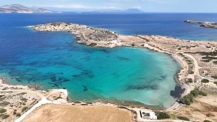 Rolgordijnen Aerial drone photo of paradise beach of Bazeos and Lioliou in small island of Schoinousa, Small Cyclades, Greece © aerial-drone