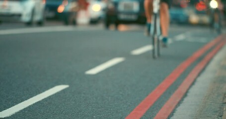 Bike, cycling and person on road for travel, commute and eco friendly transport with traffic blur. City, asphalt and metro with bicycle on busy urban street for journey in London for carbon footprint