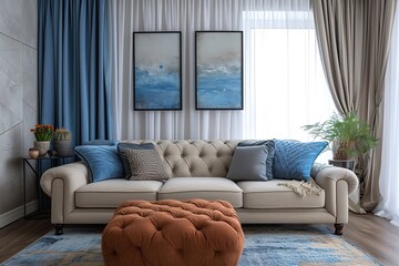 Fototapeta na wymiar Stylish interior of living room with comfortable furniture.