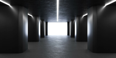 A Long Hallway With a Light at the End 3d render illustration