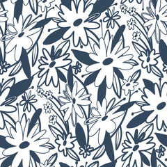 Black and white seamless pattern with flowers.  Vector illustration