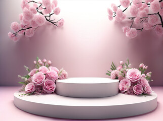 A white podium for product placement. There are pink roses around the podium. Pink background at the back.