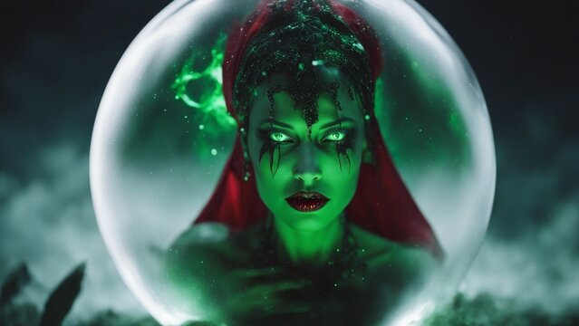 highly intricately photograph of A scary evil demon woman with black eyes and red lips  in a crystal ball 
