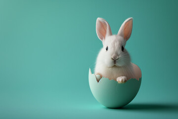 A cute rabbit peeking its head from a cracked Easter egg with a turquoise background