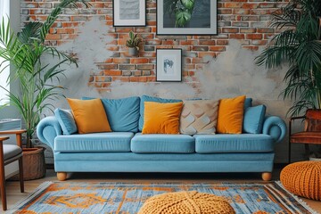 Stylish interior of living room with comfortable sofa.