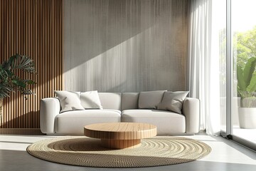 Stylish interior of room with cozy sofa.
