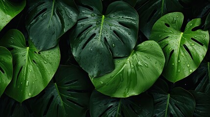 Green leaf tropical. Top view of wet tropical green leaves background. Nature background. Wallpaper - obrazy, fototapety, plakaty