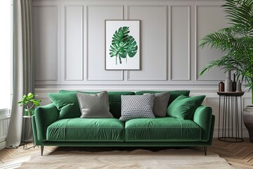 Stylish living room interior with comfortable green sofa.