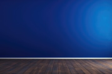 Wall mockup of a cobalt blue minimalist wall background with natural dark wood parquet flooring. Empty room. Minimalist. Design. Customize