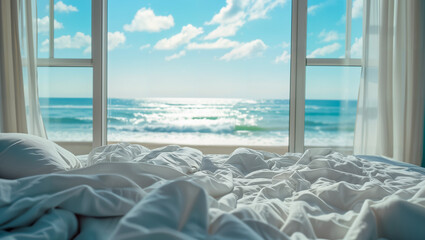 Close-up of a tousled white bedspread with a view from the bedroom to the sea and the blue sky on vacation