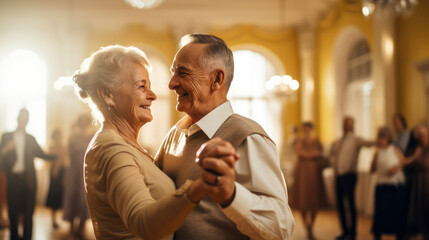 Elderly couple gracefully enjoys ballroom dance class, radiating joy and connection. Warm hues complement their elegant moves, embodying vitality and leisure in retirement