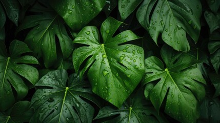 Fototapeta na wymiar Green leaf tropical. Top view of wet tropical green leaves background. Nature background. Wallpaper