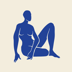 Trendy posters with blue female bodies inspired by Collage Modern Art. Cut out female figures in different poses on a white background. Illustration of a postcard in a collage minimal style.
