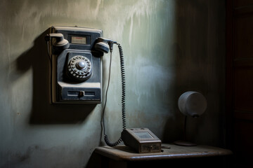 old-fashioned phone on wall inside prison - obrazy, fototapety, plakaty