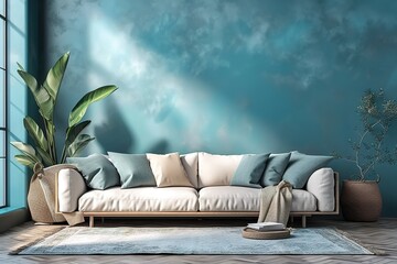 The Mock up furniture design in modern interior and blue background, living room, Scandinavian style, 3D render