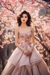 A breathtaking shot of a Korean model in a garden filled with cherry blossoms, radiating natural beauty and grace.