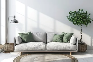  Traditional living room interior mockup with grey sofa and green pillows by olive tree in wicker basket and floor lamp on empty white wall background. 3d rendering, illustration. © interior