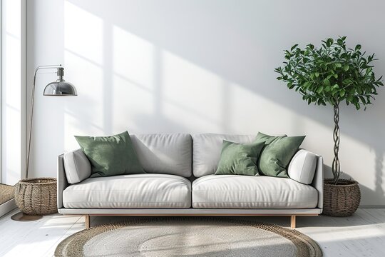 Traditional living room interior mockup with grey sofa and green pillows by olive tree in wicker basket and floor lamp on empty white wall background. 3d rendering, illustration.