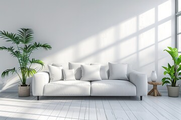 View of white living room in minimal style with sofa and small side table on laminate...