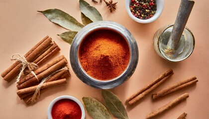 Many aromatic spices such as cinnamon, paprika, star anise, cumin, pepper and others displayed in the kitchen on a peach fuzz colored background. Hight angle of food background