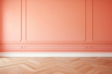 Coral classic painted wall background with light brown flooring. Wainscot. Empty room. Wall mockup. Customize. Interior