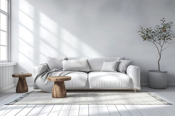 View of white living room in minimal style with sofa and small side table on laminate...