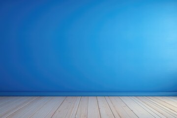 Cornflower blue minimalist wall background with natural parquet. Wooden flooring. Wall mockup. Empty room. - obrazy, fototapety, plakaty