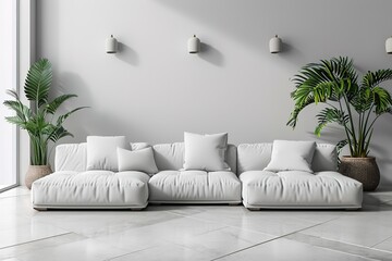 white concrete mock-up wall with white fabric sofa and pillows, modern interior, negative copy space above, 3d rendering