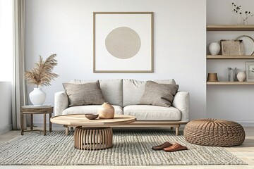 Warm composition of living room interior with mock up poster frame, beige sofa, stylish armchair, wooden coffee table, brown slippers, carpet and personal accessories. Home decor.