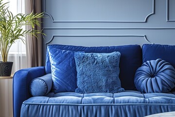 Wohndesign - Sofa vor Kamin blau.